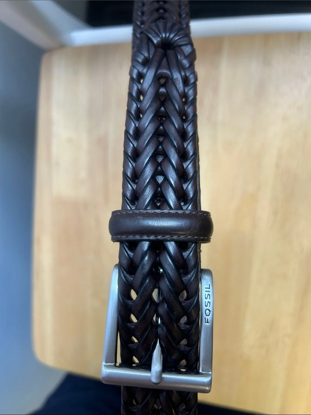 Like New Fossil Myles Brown Braided Leather Belt with Silver Buckle 85/34